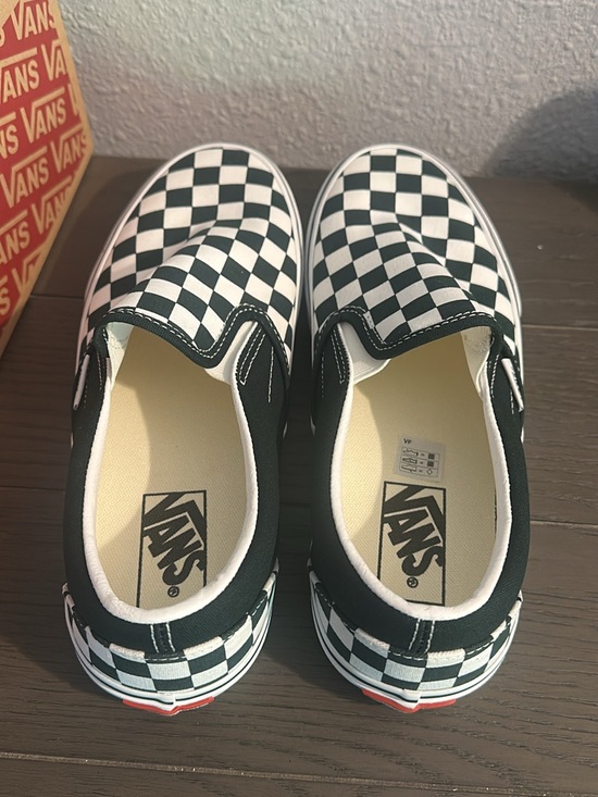 Vans Shoes - Vans Dark Green & White Checkerboard Slip-On Sneakers